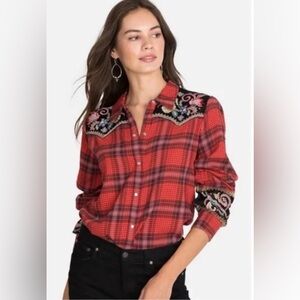 Johnny Was Esme Embroidered Western Pearlsnap Shirt Red Plaid Rodeo Women's XXS
